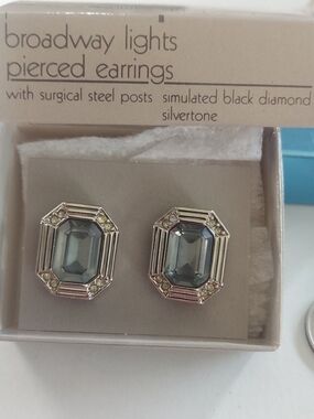 Vintage Avon Broadway Lights Silver-Tone Emerald Cut Gray Crystal Stud Earrings